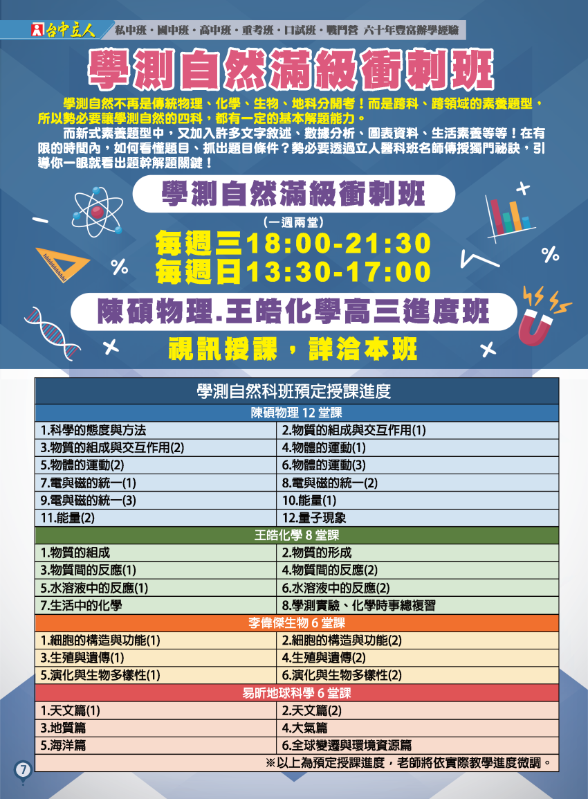 【114高三】學測自然滿級衝刺班、物.化進度班